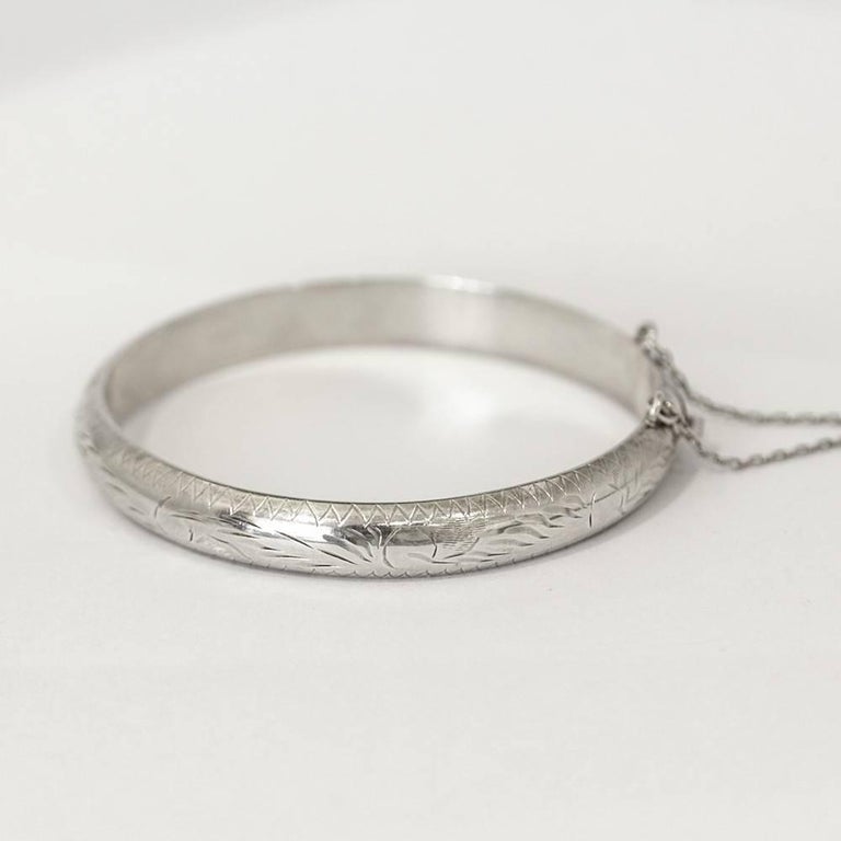 Vintage Wide Etched Sterling Silver Bangle with Safety Chain at 1stDibs