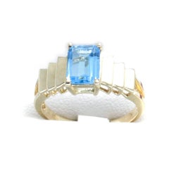 Emerald Cut Blue Topaz with Stepped Shoulders, Engagement or Cocktail Ring