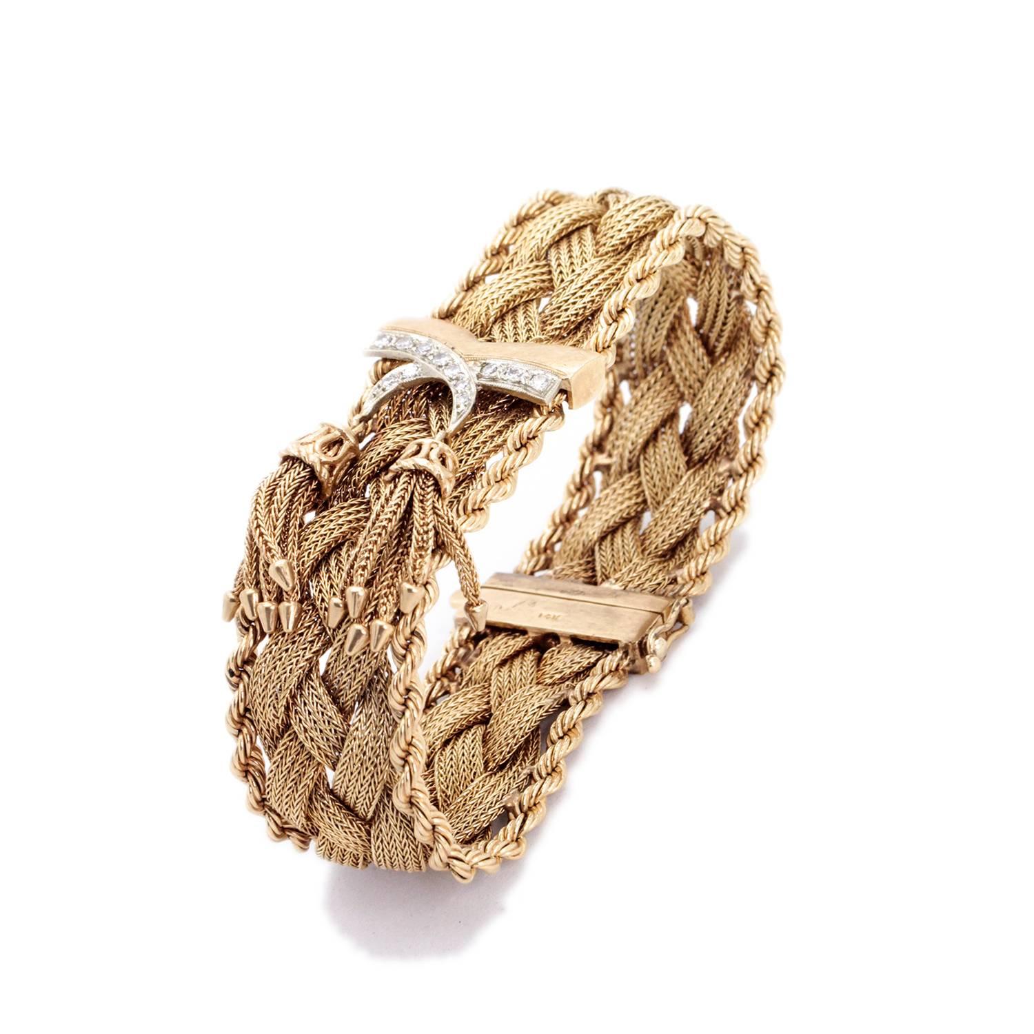 Women's Vintage 1940s Braided Gold and Tassel bracelet with Diamonds, Handmade Bracelet For Sale