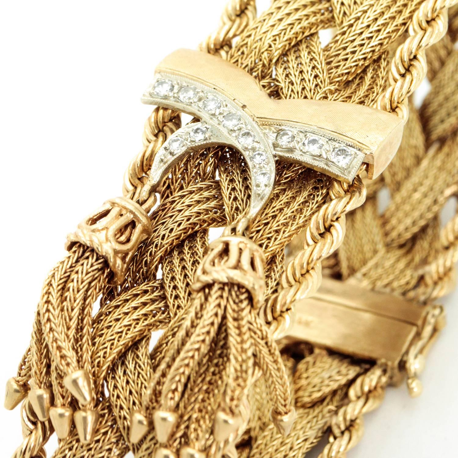 Art Deco Vintage 1940s Braided Gold and Tassel bracelet with Diamonds, Handmade Bracelet For Sale