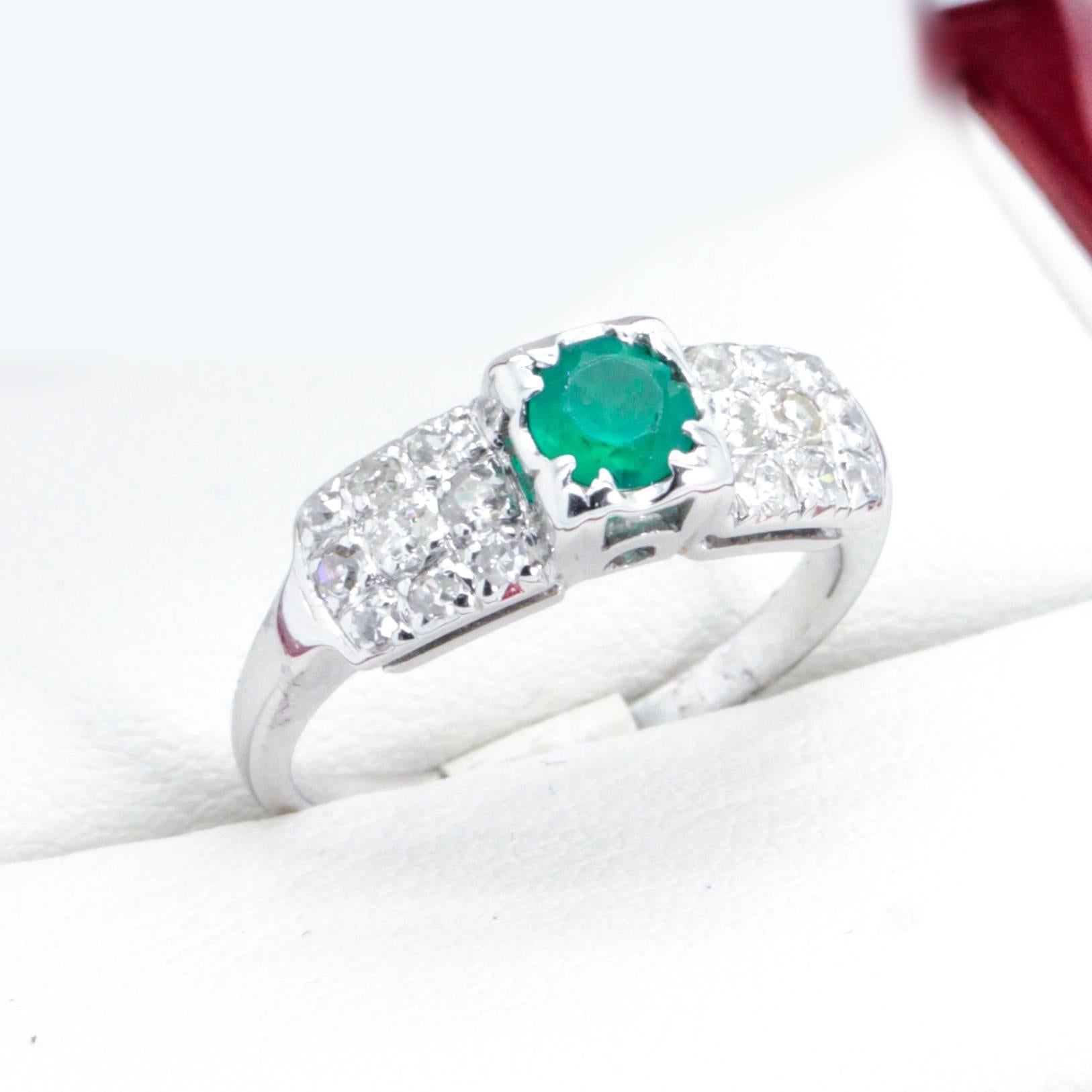 Art Deco Vintage Emerald and Diamond Engagement Ring For Sale