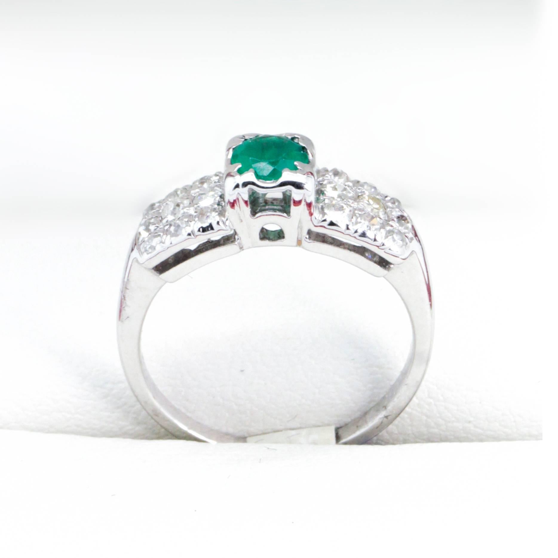 Vintage Emerald and Diamond Engagement Ring For Sale 2