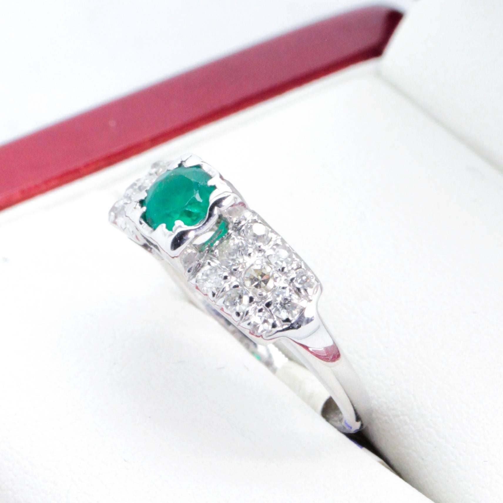 Vintage Emerald and Diamond Engagement Ring For Sale 4