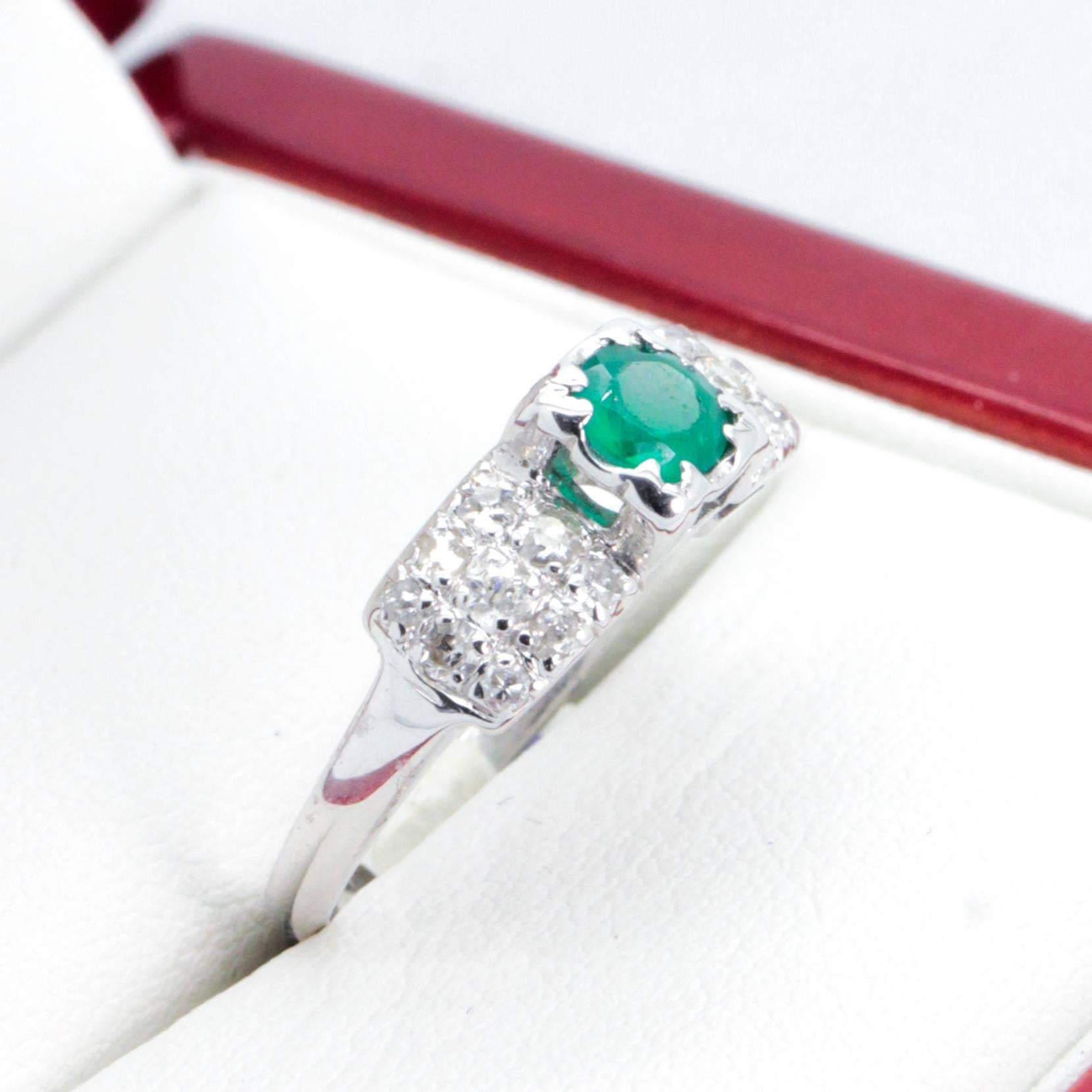 Women's Vintage Emerald and Diamond Engagement Ring For Sale