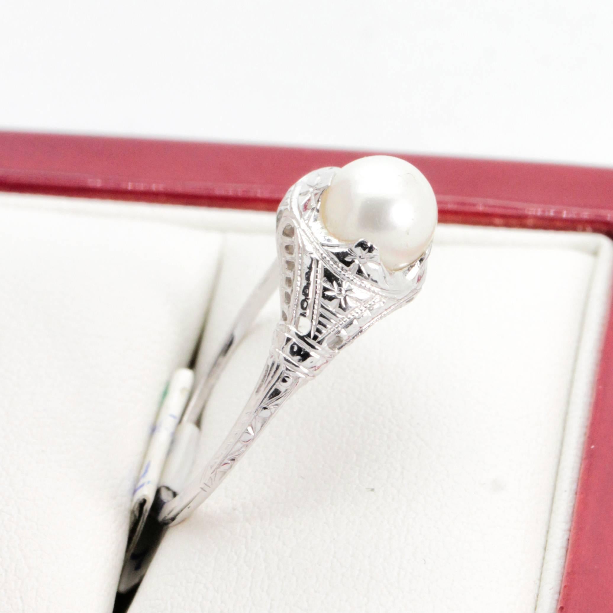 Antique Art Deco Pearl and Filigree Engagement or Cocktail Ring For Sale 1