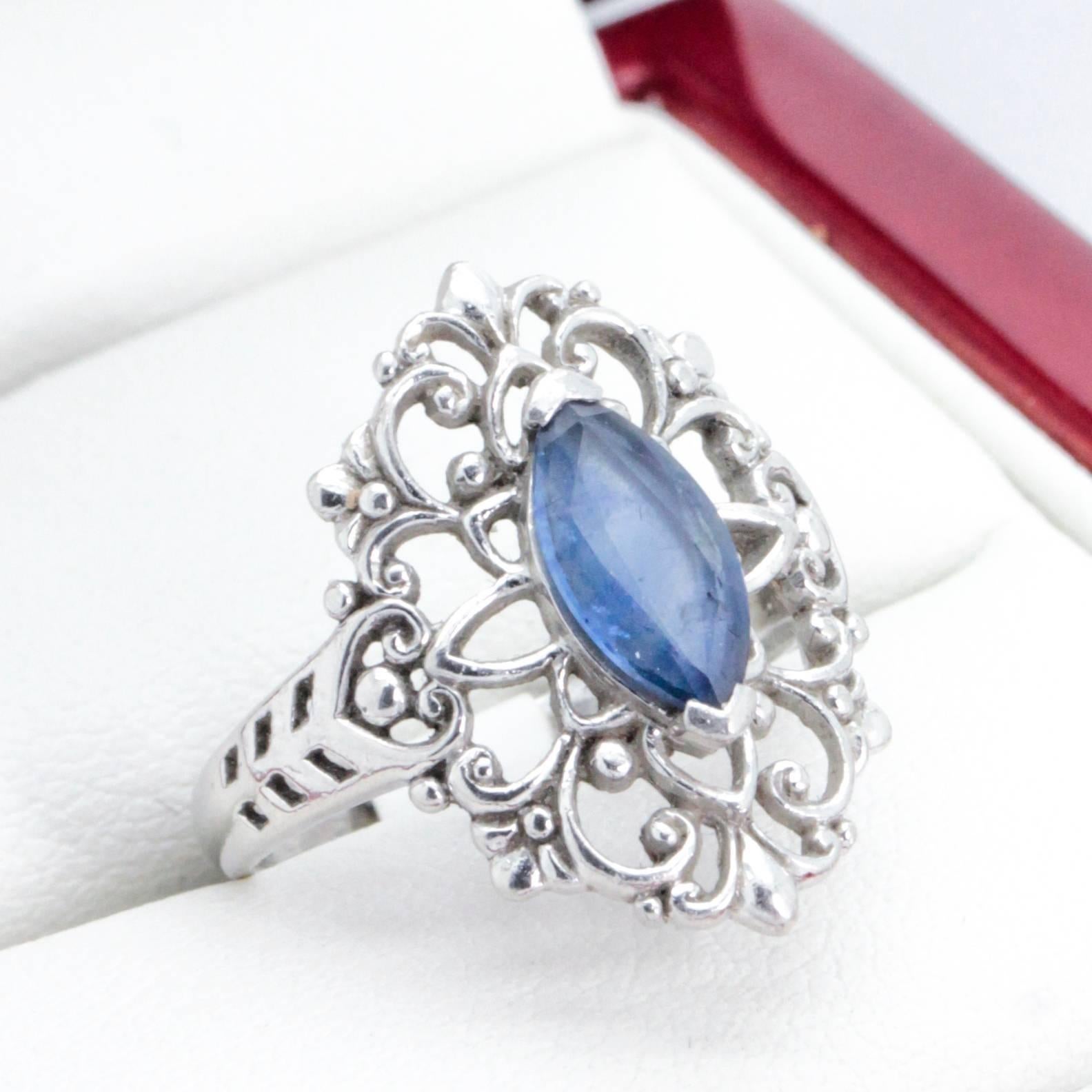 Marquise Cut Platinum Vintage Marquise-Cut Sapphire and Filigree Ring For Sale