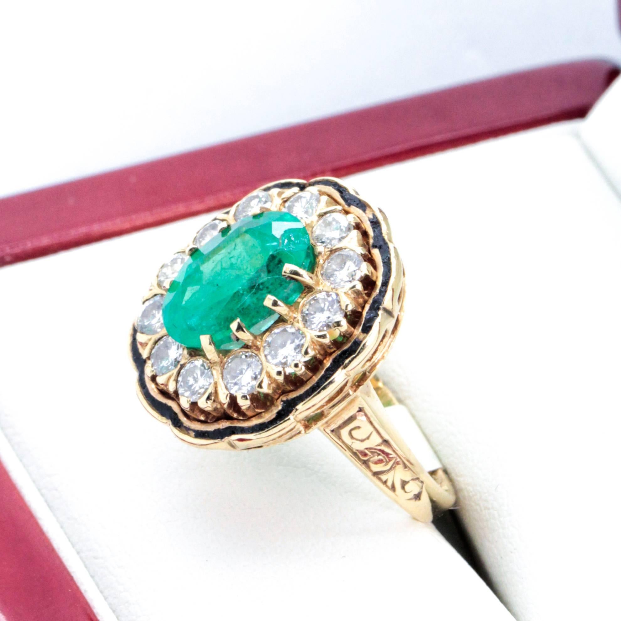 Vintage Emerald and Diamond Cluster Cocktail Ring For Sale 2