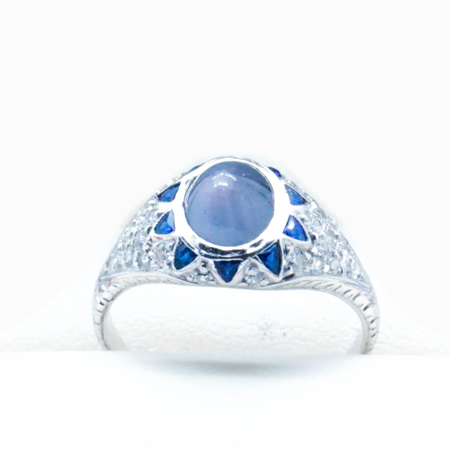 1930s Art Deco Star Sapphire Diamond Platinum Handmade Engagement Ring  For Sale 1