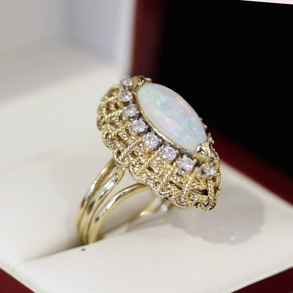 Vintage Marquise Shape Opal Diamond yellow gold Cocktail Cluster Ring  For Sale 4