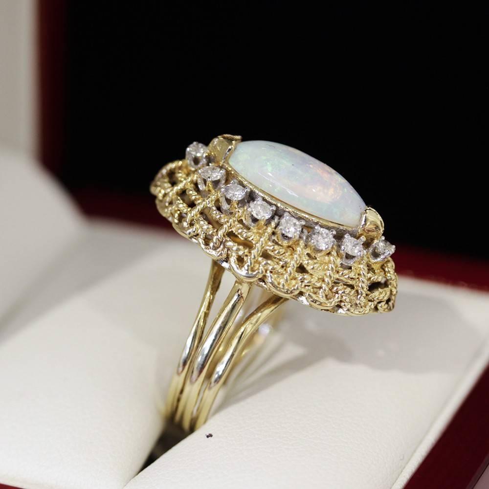 Vintage Marquise Shape Opal Diamond yellow gold Cocktail Cluster Ring  For Sale 5