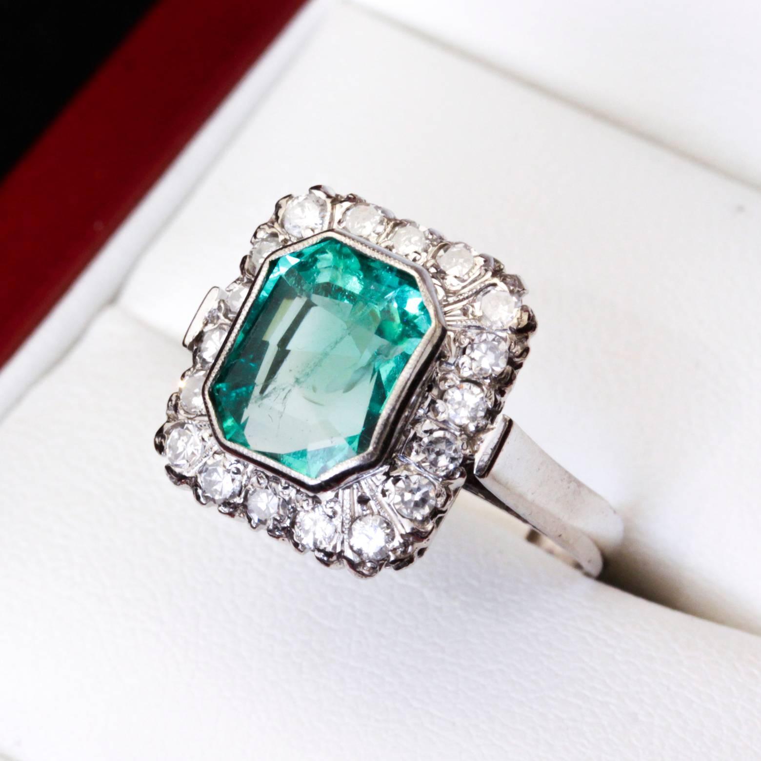 Square Emerald Diamond White Gold Cocktail Ring For Sale 3