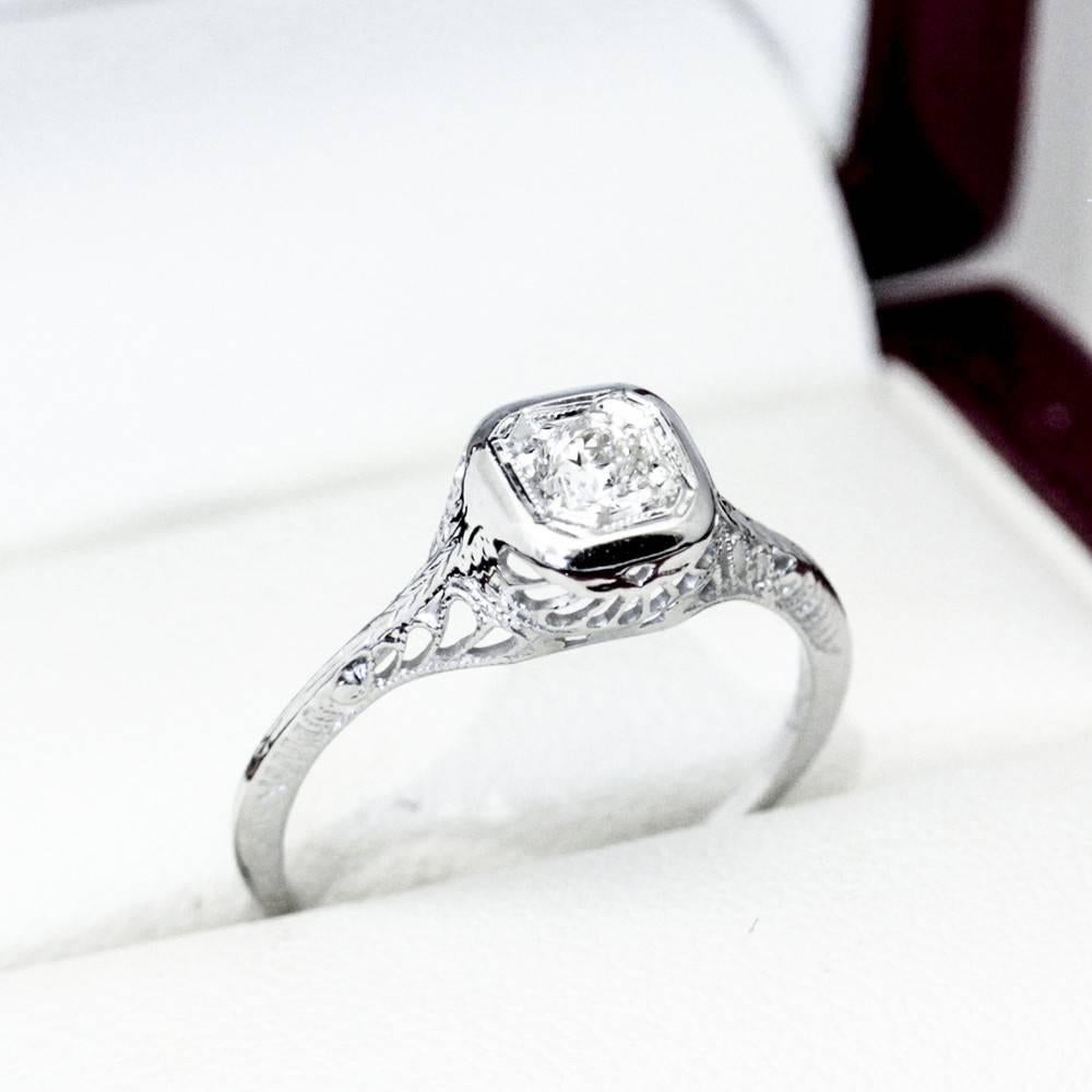Art Deco Old European Cut G VS Diamond White Gold Filigree Engagement Ring For Sale