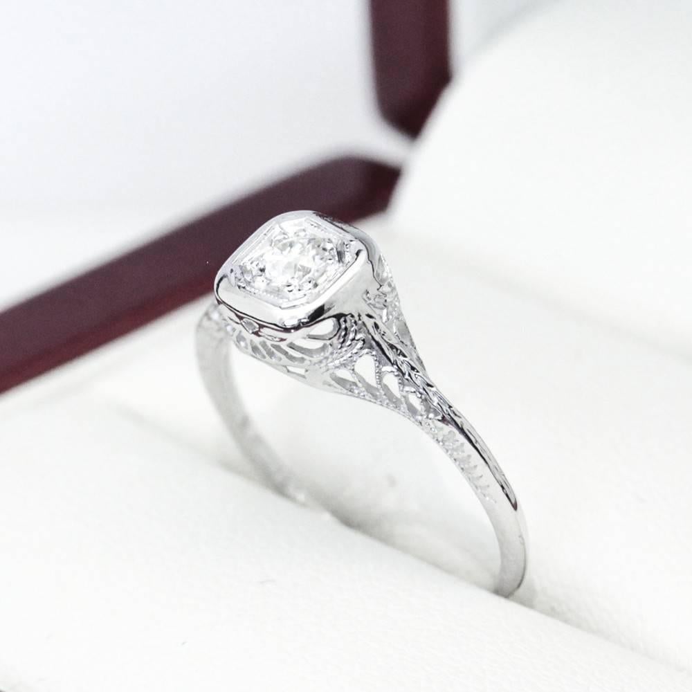 Women's Old European Cut G VS Diamond White Gold Filigree Engagement Ring For Sale