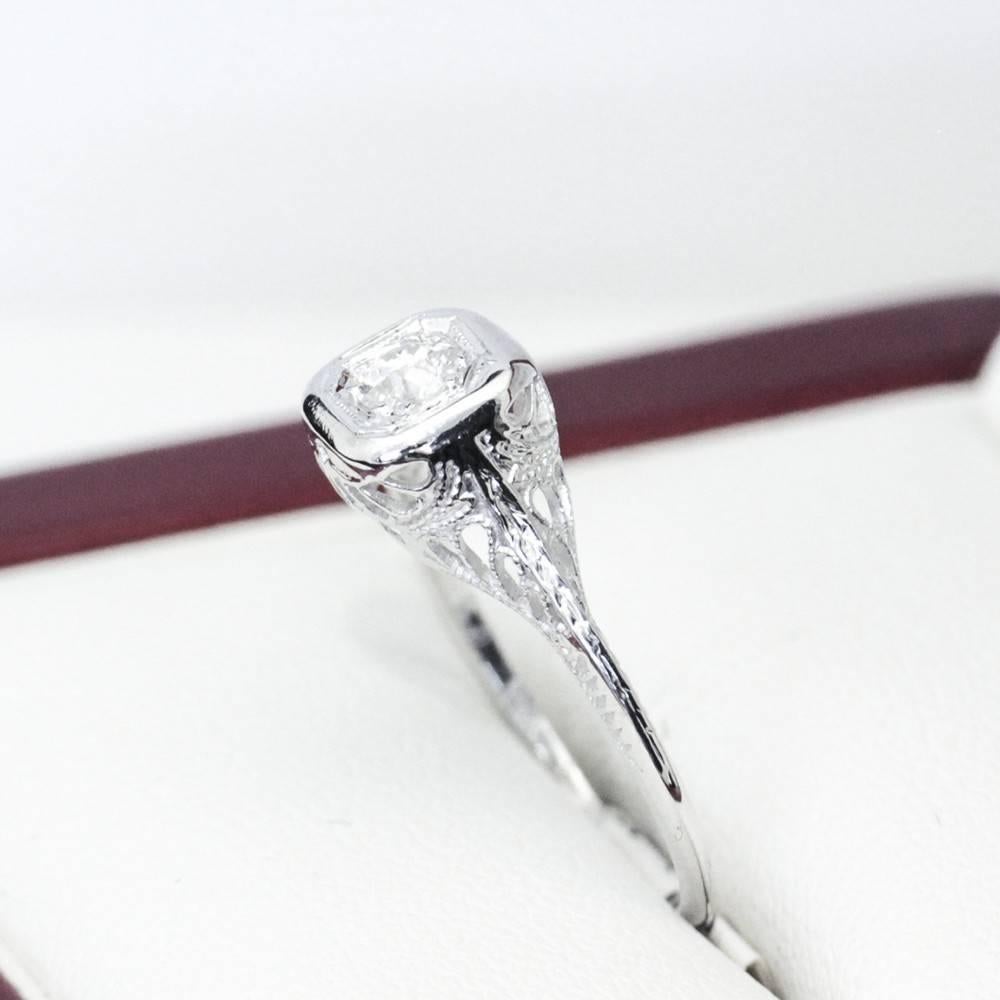 Old European Cut G VS Diamond White Gold Filigree Engagement Ring For Sale 1
