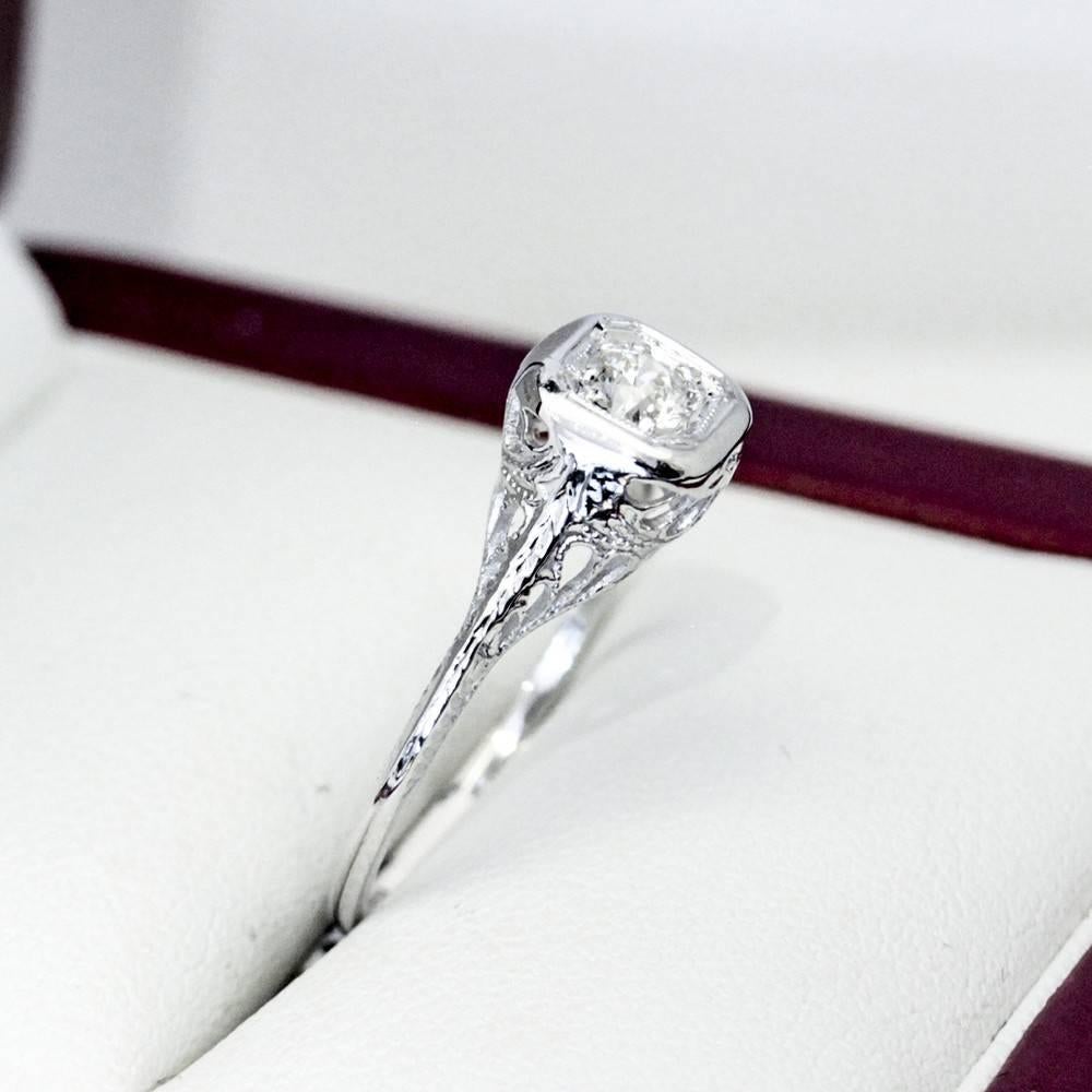 Old European Cut G VS Diamond White Gold Filigree Engagement Ring For Sale 3