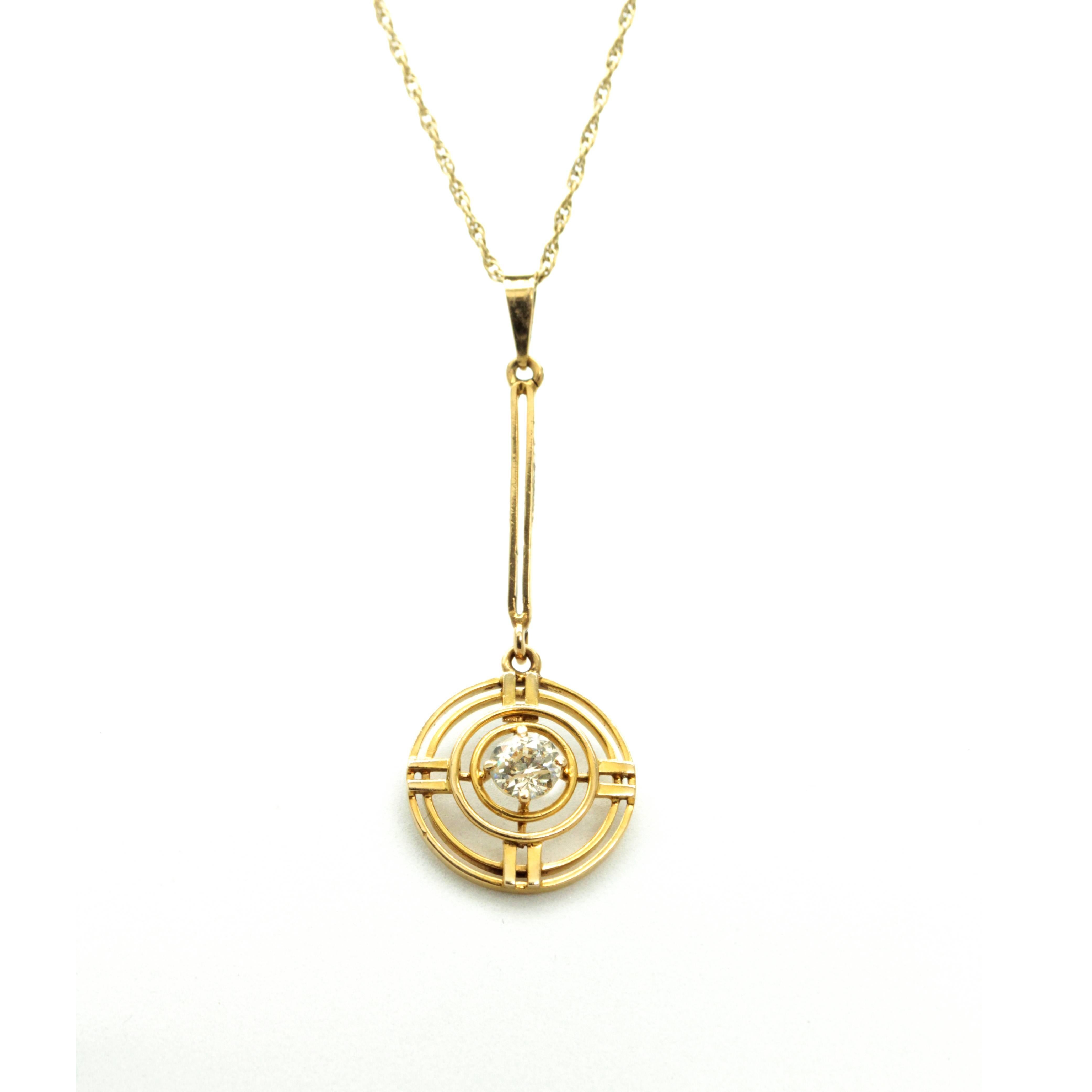 Antique Art Deco Old European Cut Champagne Diamond handmade pendant on new gold chain, really beautiful necklace

This really beautiful necklace features a 0.40 ct Old European Cut Diamond 4 claw set in the center of a wire circular and bar style
