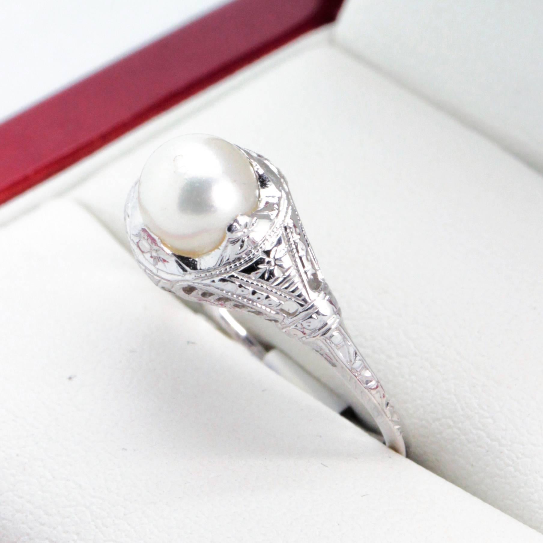 Antique Art Deco Pearl and Filigree Engagement or Cocktail Ring For Sale 6