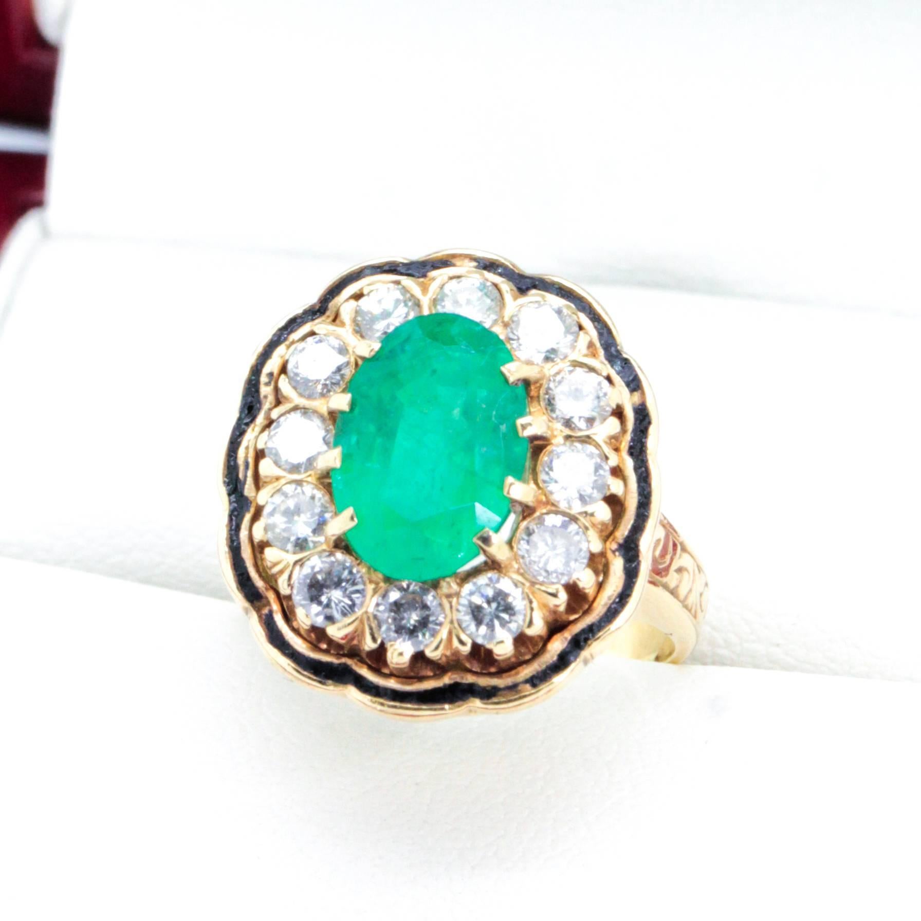 Vintage Emerald and Diamond Cluster Cocktail Ring For Sale 4
