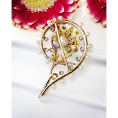 18 Karat Late Victorian Pearl Flower Rose Cut Diamond Gold Brooch