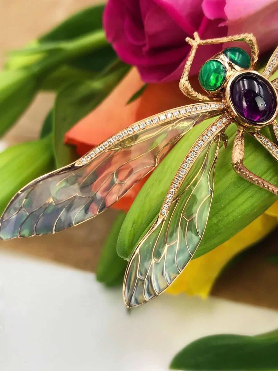 Contemporary Modern Enamel Gem Dragonfly Brooch Pendant