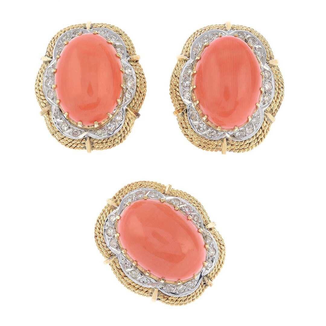 Set of 18 Karat Coral or Diamond Earclip and Ring