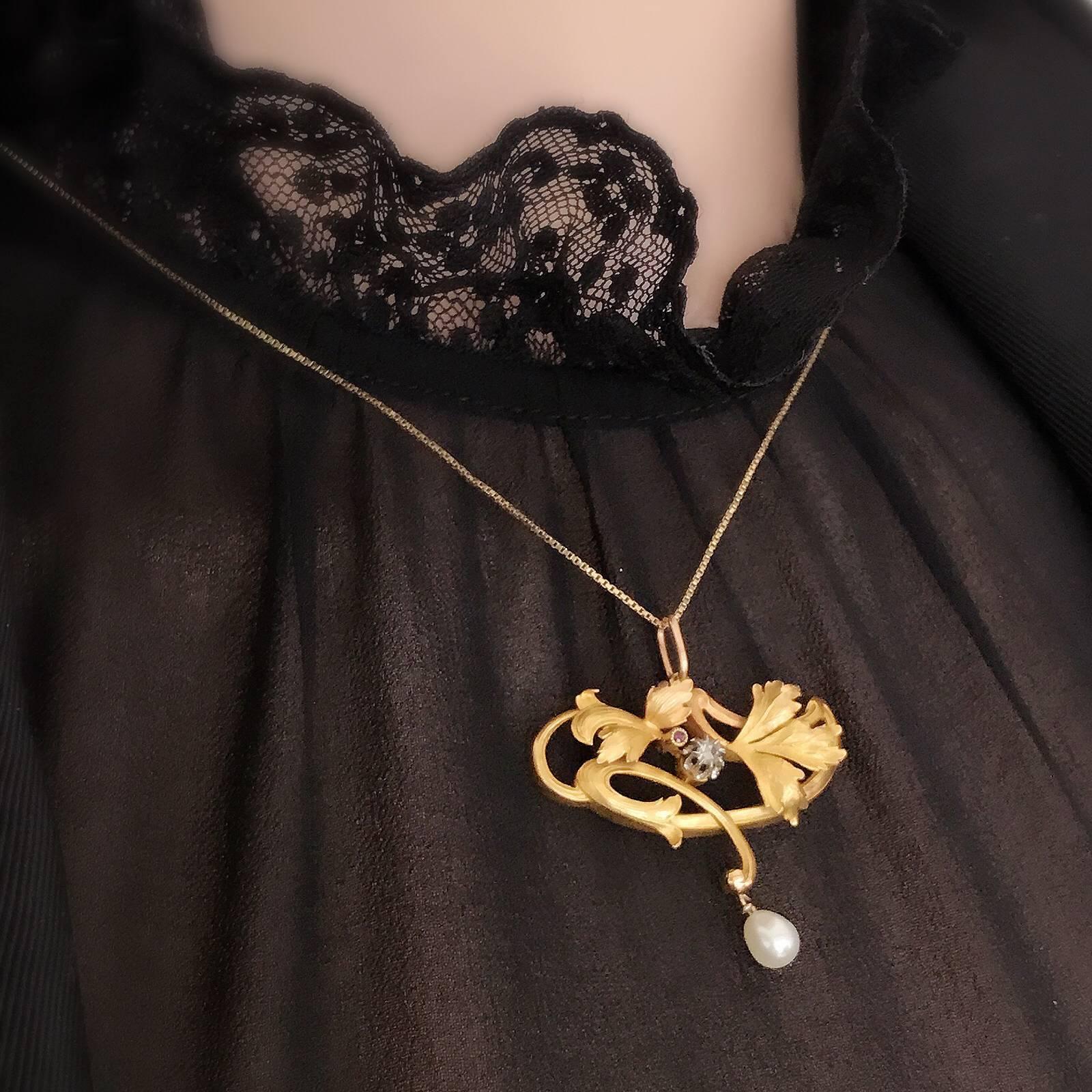 Women's or Men's Art Nouveau Gold Diamond, Ruby and Pearl drop Pendant
