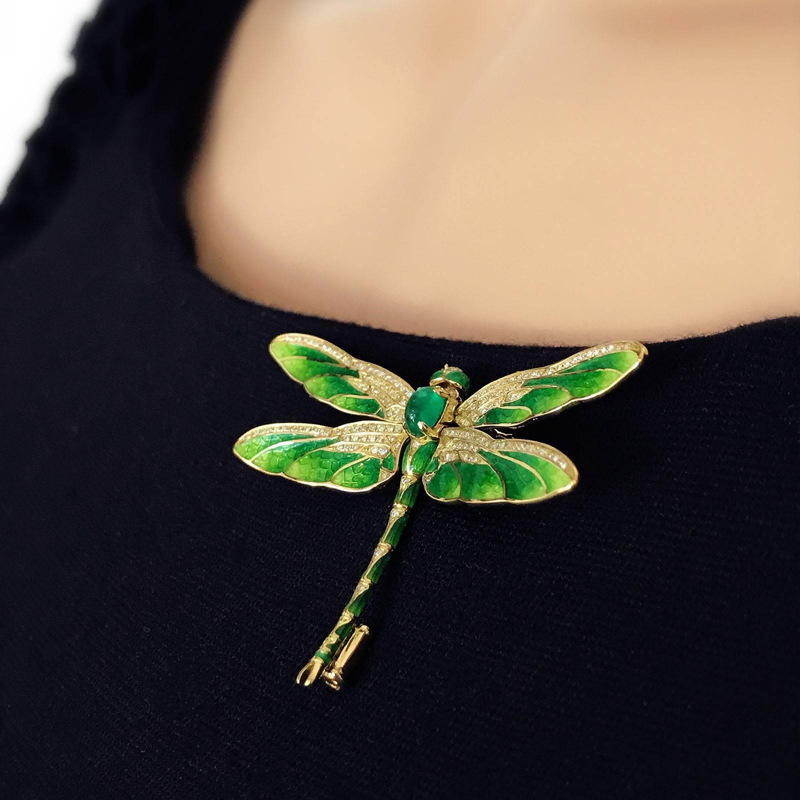 Contemporary Modern  Emerald Enamel Gold Dragonfly Brooch
