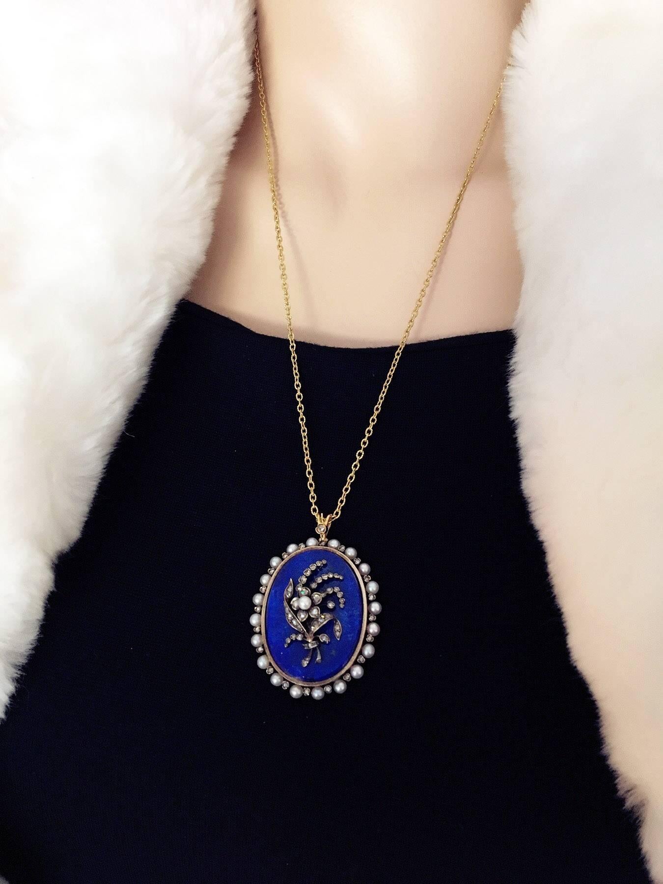 Women's or Men's 18K Gold Early 20th Century Lapis Lazuli Rose Cut Diamond and seed Pearl Pendant