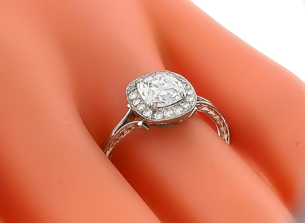Round Cut 1.16 Carat Diamond Platinum Halo Ring For Sale
