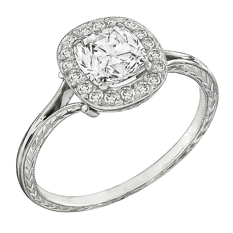 1.16 Carat Diamond Platinum Halo Ring For Sale