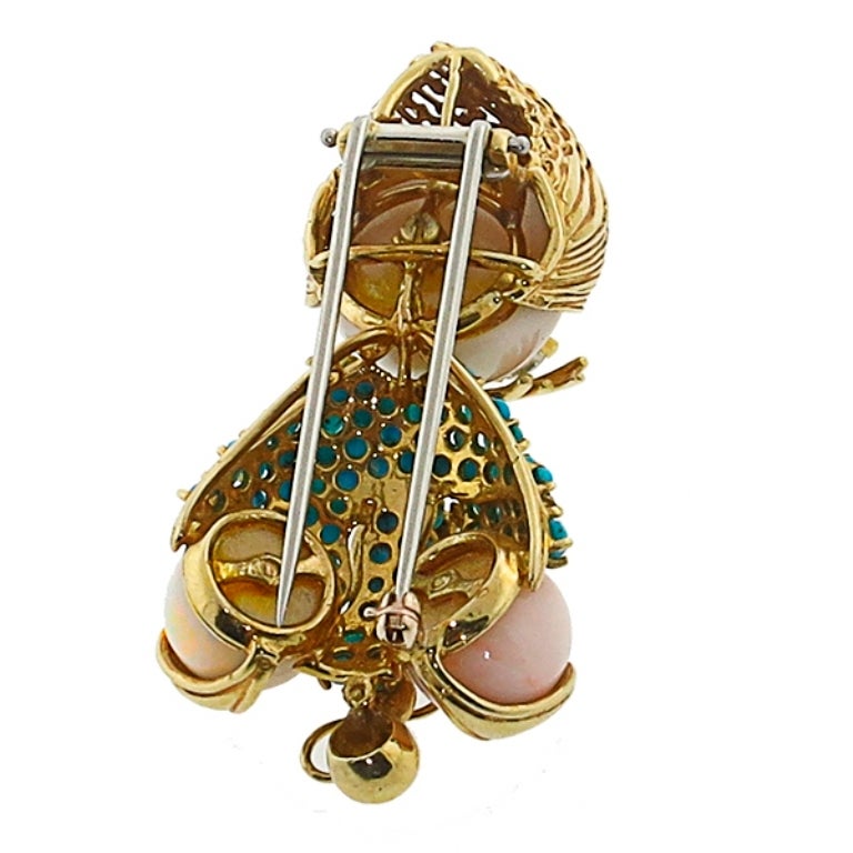 Coral Turquoise Diamond Gold Hookah Smoker Brooch Pin In Excellent Condition In New York, NY
