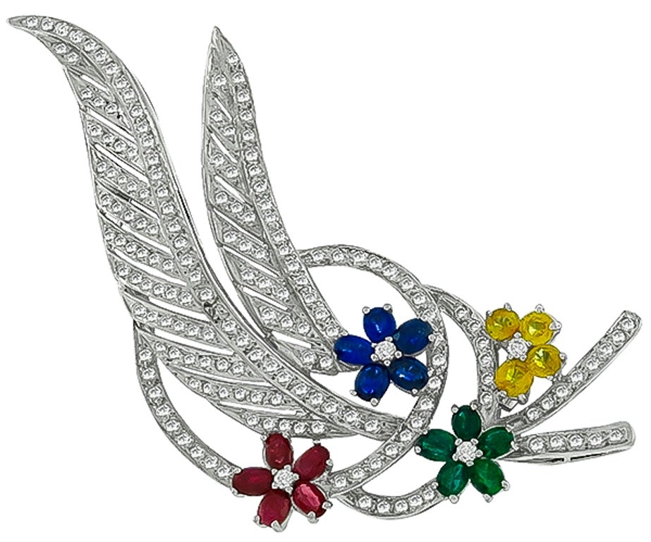 Emerald Ruby Sapphire Diamond Gold Pin Brooch In New Condition For Sale In New York, NY