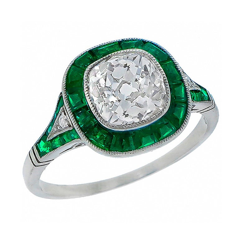 2.08 Carat Old Mine Cut Diamond Emerald Platinum Engagement Ring