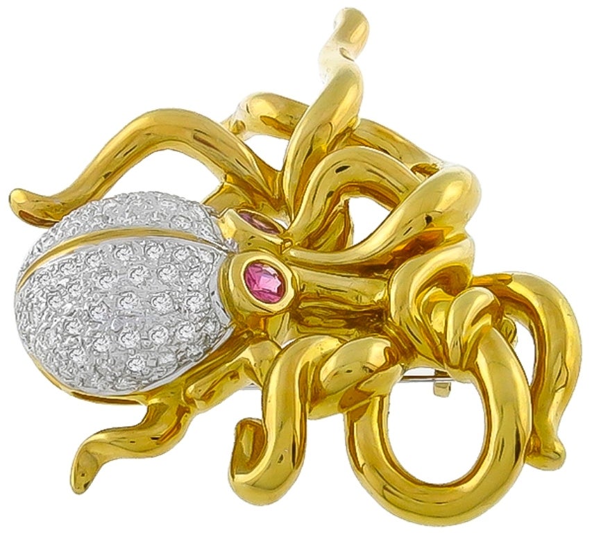 Diamond Pink Sapphire Yellow and White Gold Octopus Pin Brooch In New Condition For Sale In New York, NY
