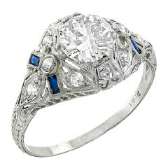 Art Deco 1.09 Carat Old European Cut Diamond Sapphire Ring