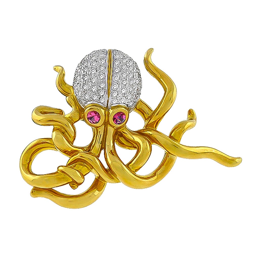 Diamond Pink Sapphire Yellow and White Gold Octopus Pin Brooch