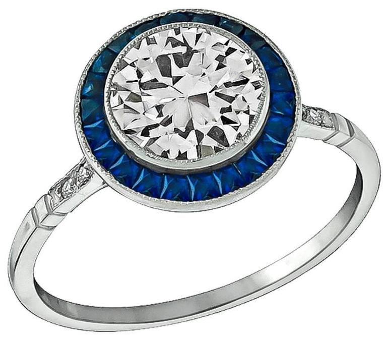 Stunning 1.37 Carat Sapphire Diamond Platinum Halo Ring For Sale at 1stDibs