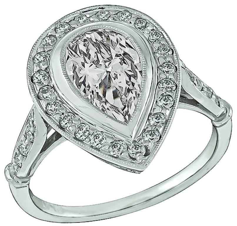 1.08 Carat GIA Cert Pear Shape Diamond Platinum Halo Engagement Ring For Sale