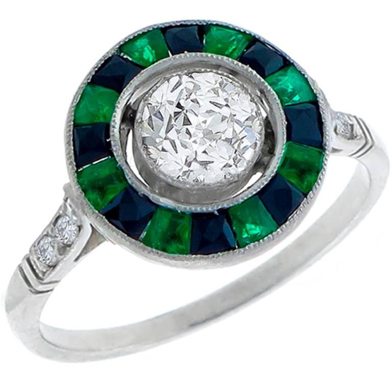 Enticing .64 Carat GIA Certified Diamond Emerald Onyx Platinum Engagement Ring For Sale