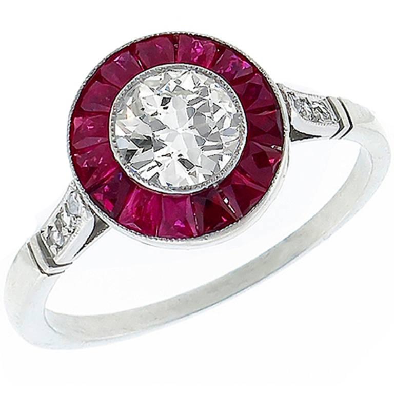 Charming .59 Carat GIA Cert Diamond Ruby Halo Engagement Ring