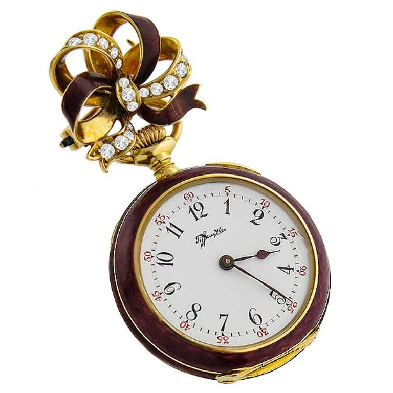 Tiffany & Co. Yellow Gold Diamond Enamel Lapel Pendant Pocket Watch 