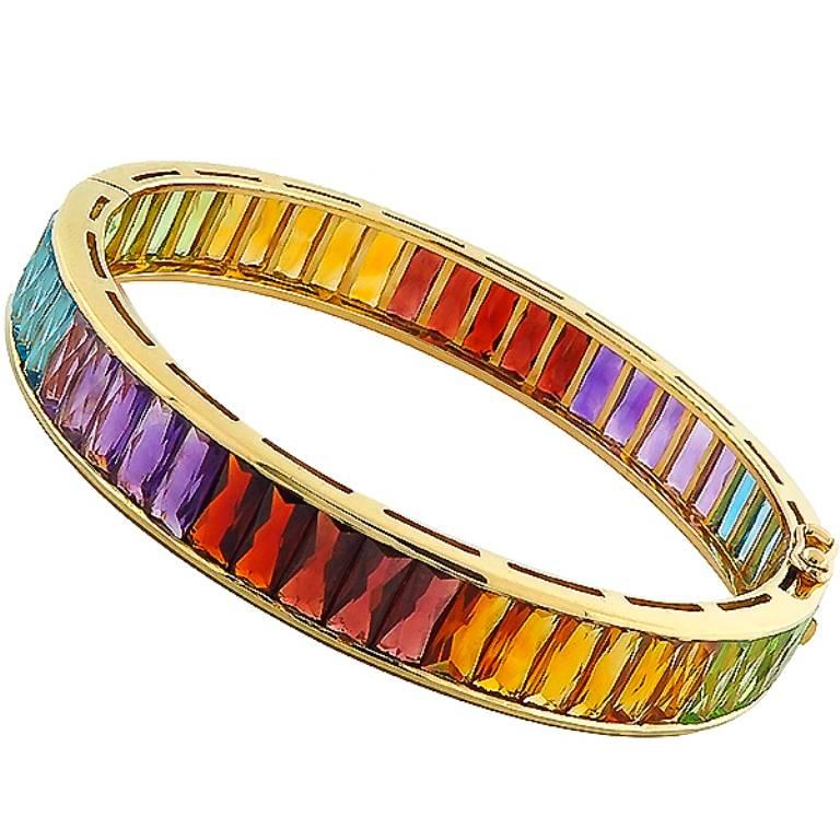 Multi Colored Semi Precious Stones Gold Bangle Bracelet