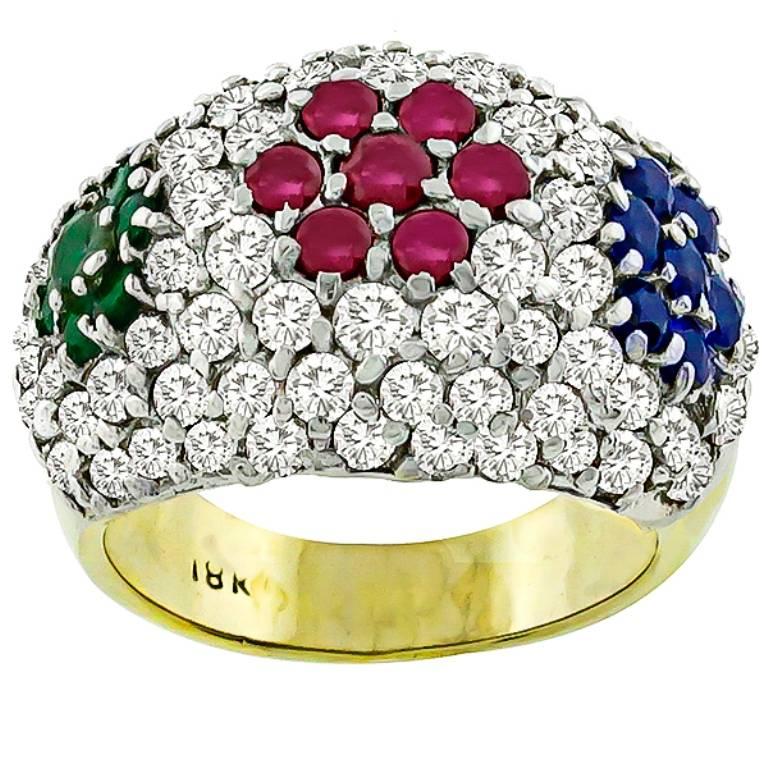 Diamond Ruby Emerald Sapphire Gold Cluster Ring