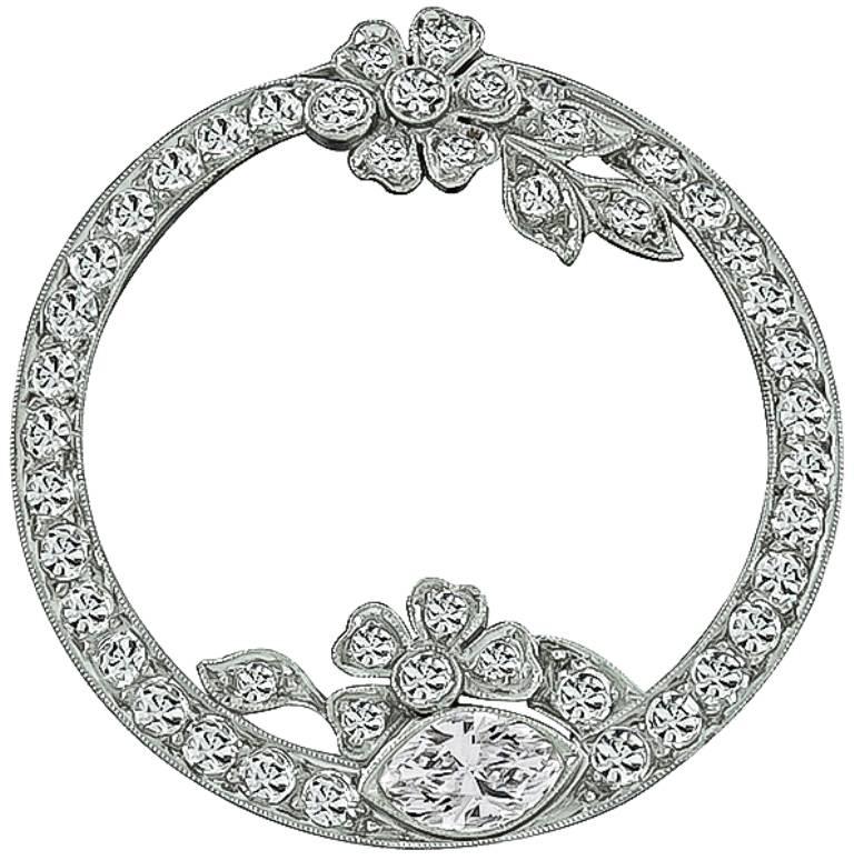 Art Deco Round Diamond Platinum Pin Brooch For Sale