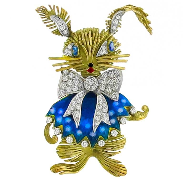 1950s Enamel Diamond Gold Hare Pin Brooch