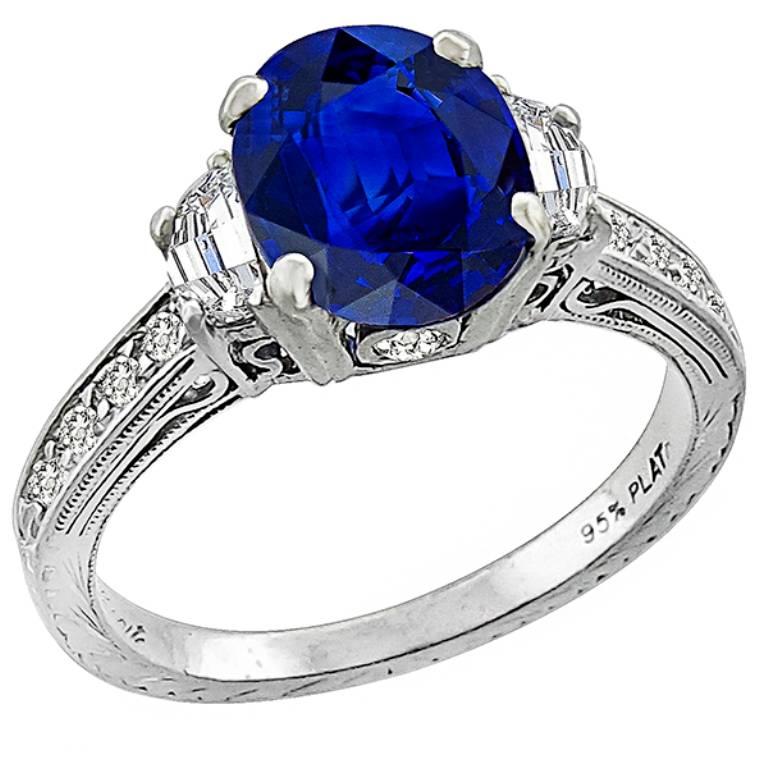 Antique 2.30 Carat Oval Cut Sapphire Diamond Platinum Ring