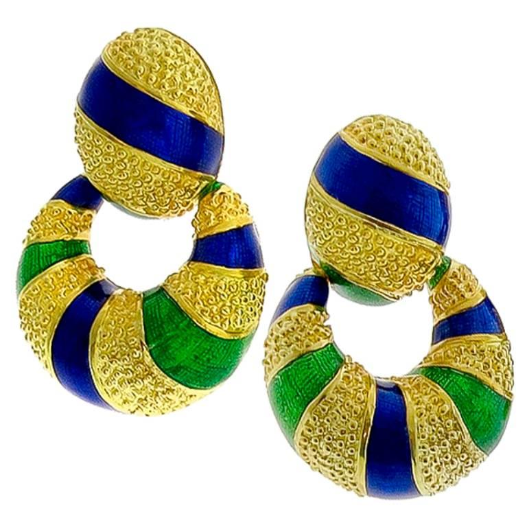 Stunning Yellow Gold Enamel Doorknocker Earrings