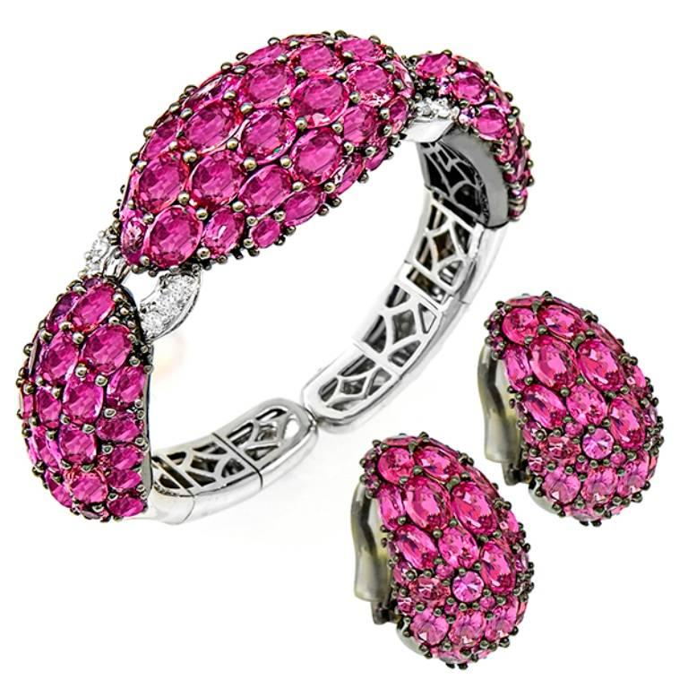 Beautiful Pink Sapphire Diamond Bangle and Earrings Suite