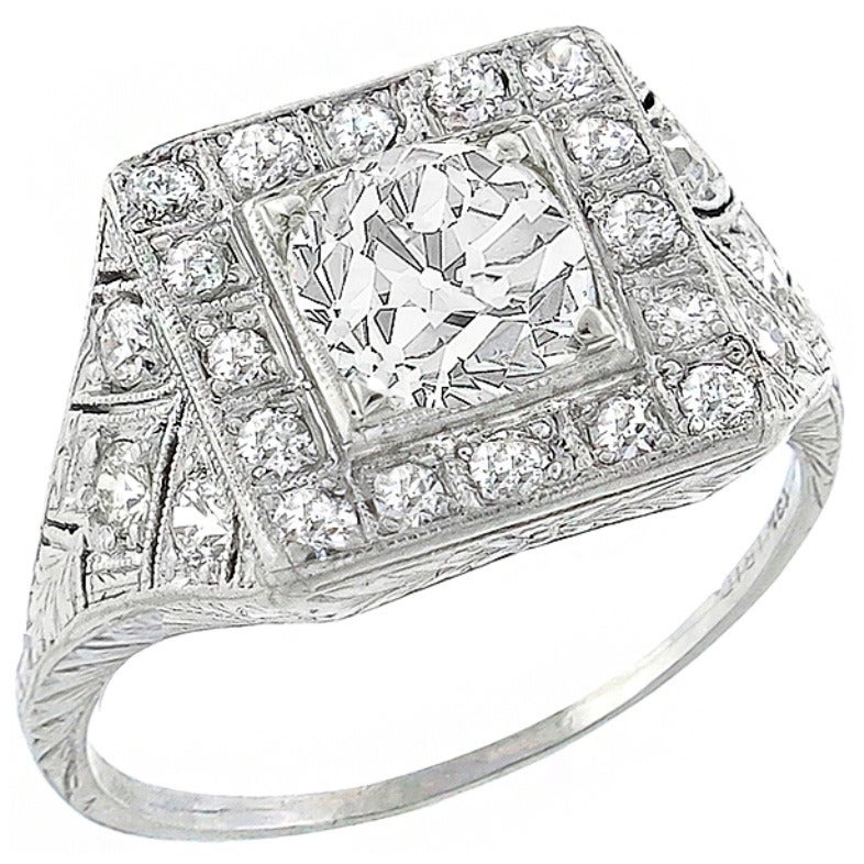 Art Deco 1,24 Karat GIA-zertifizierter Diamant im alten Minenschliff Platin  Ring mit Ring