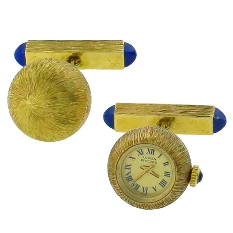 Lucien Piccard Lapis Sapphire Gold Watch Cufflinks For Sale